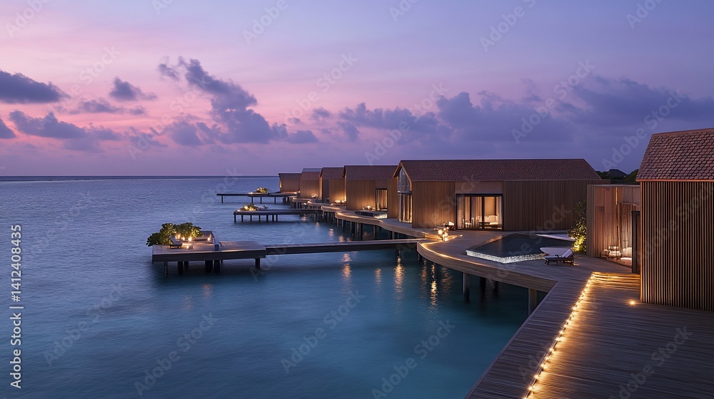 Obraz premium Tropical sunset overwater villas, ocean, luxury resort