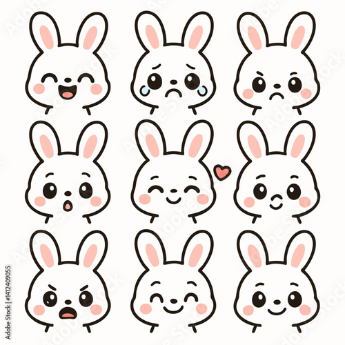 Set of nine adorable kawaii baby bunny faces with different emotions