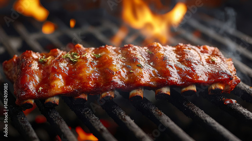  Flaming Bbq Ribs On Grill With Hot Smoky Background 