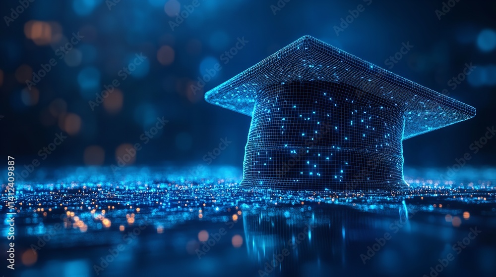 Digital Graduation Cap Celebrating online learning success glowing blue wireframe dark bokeh