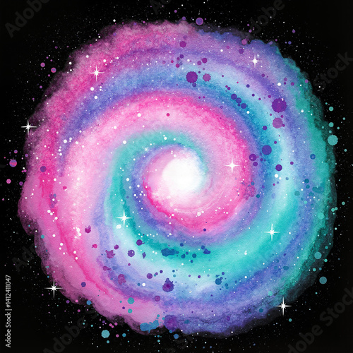 Dreamy watercolor galaxy swirl with bright stars and vibrant paint splatters