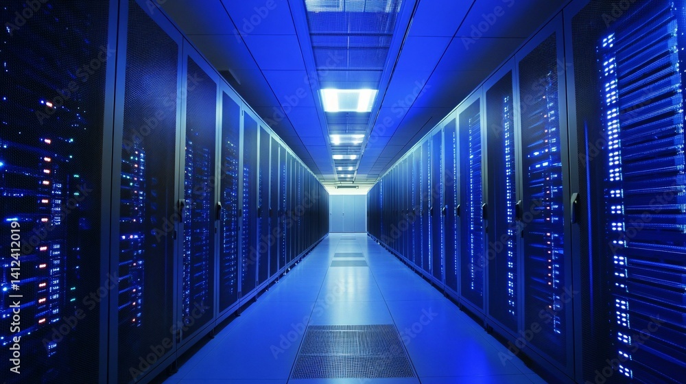 Server room with rows of computer servers illuminated in blue light. Server room with rows of computer servers illuminated in blue light.