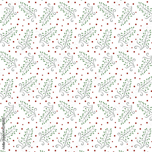 Stylized plants with red peas.Vector seamless pattern with green plants on a white background with red peas.