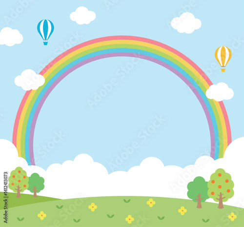 rainbow stretching across a sky with two floating hot air balloons, fluffy clouds underneath, a vibrant green field with blooming yellow flowers, and fruit-laden trees adding charm to the scene.
