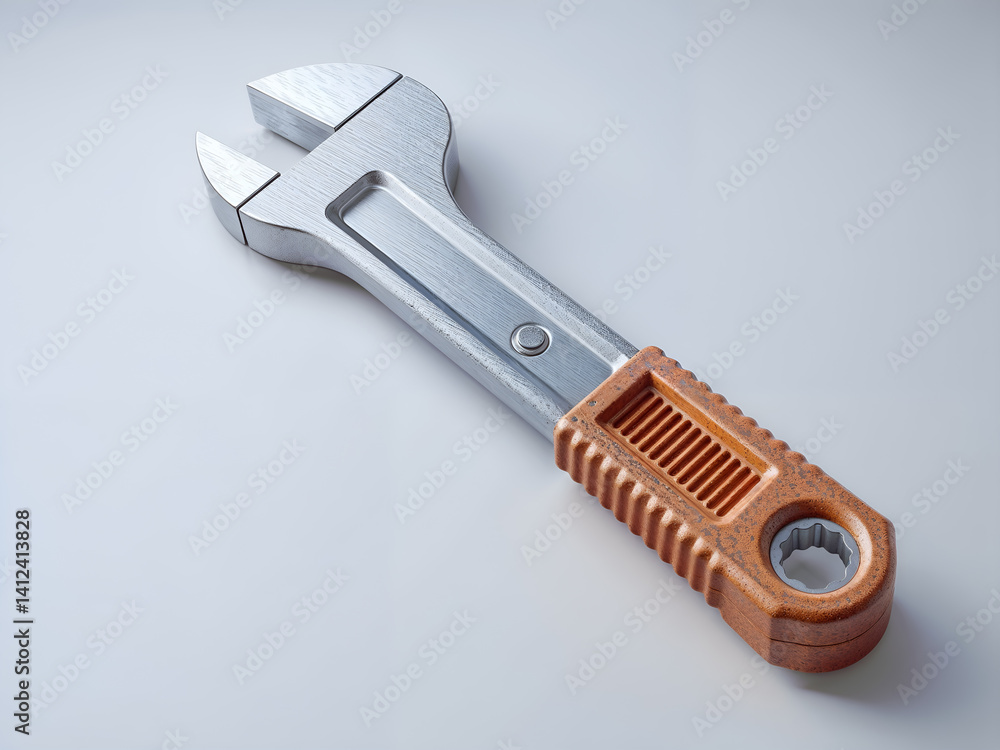 Adjustable 3D wrench with orange grip, used in construction or mechanical work. Generative AI