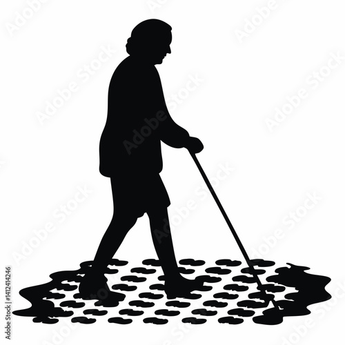 Elderly blind woman walking on tactile paving path