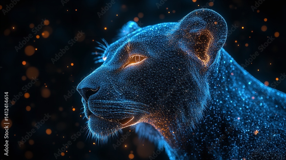 Majestic lioness profile digital art glowing blue dark background intricate lines sparkling details