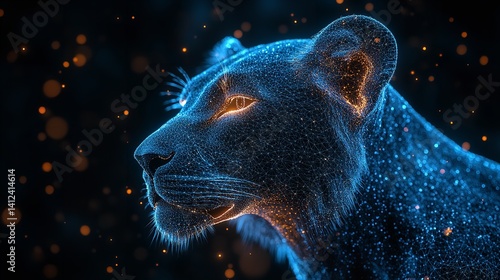 Obraz na płótnie Majestic lioness profile digital art glowing blue dark background intricate lines sparkling details w salonie