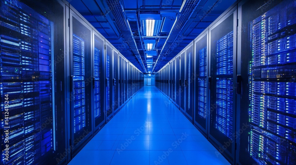 Obraz premium A server room with rows of computer servers and blue lighting.