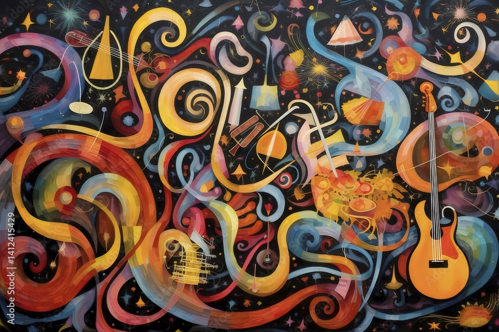 カラフルな抽象的な音楽アート作品 渦巻く波と楽器が描かれた背景 カラフルな抽象的な音楽アート作品 渦巻く波と楽器が描かれた背景