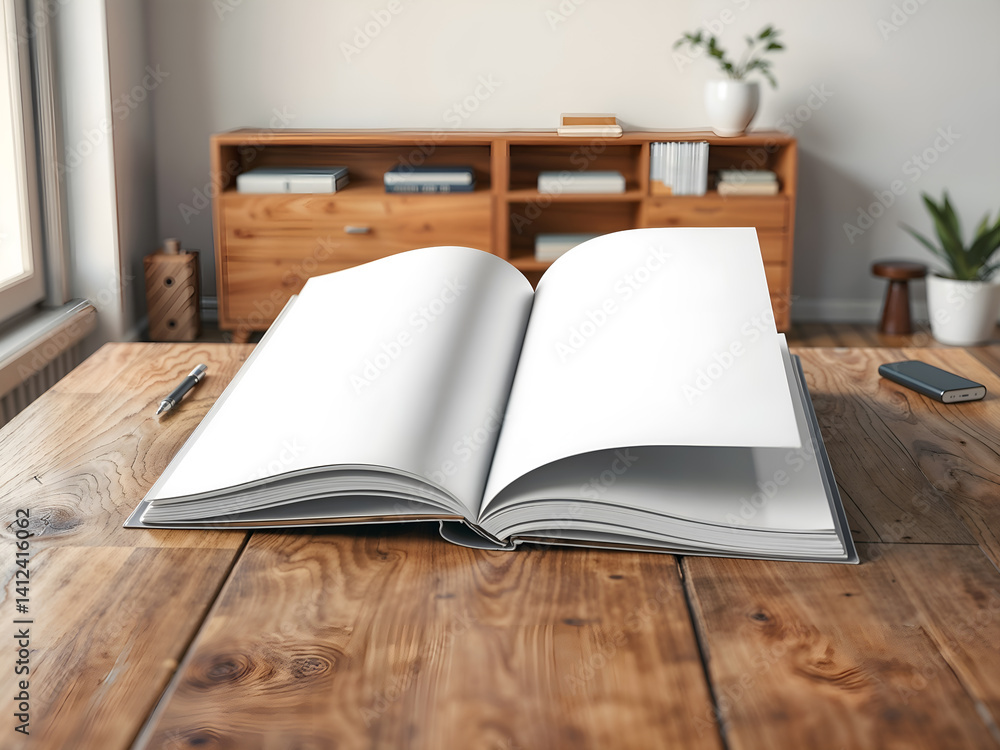 Open book on wooden desk, realistic 3D render for education or knowledge concepts. Generative AI