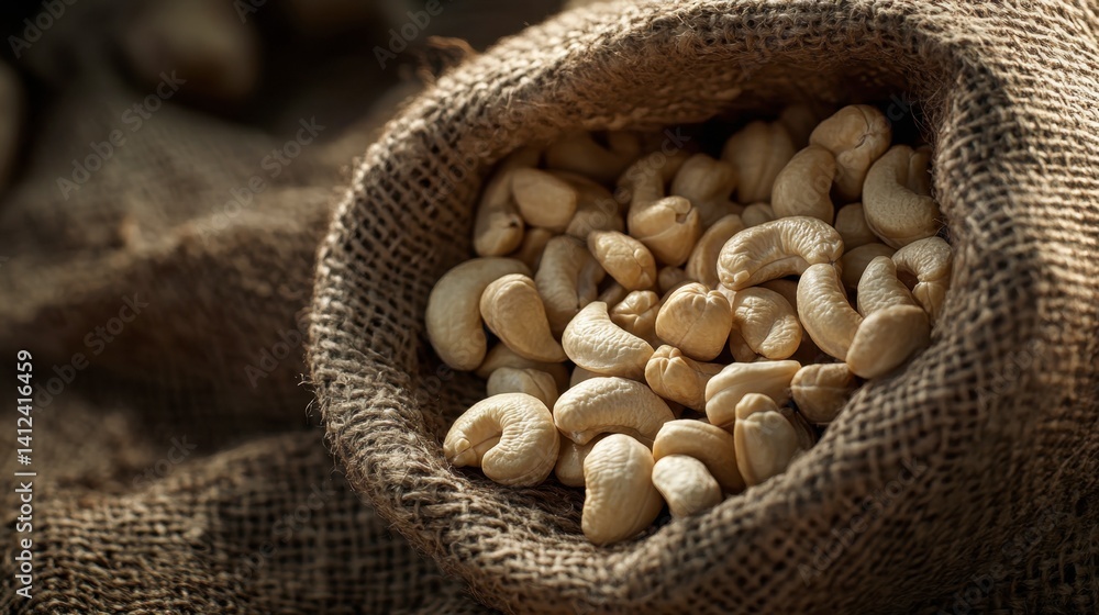 Raw Cashew Nuts in Burlap Sack on Dark Wooden Background Raw Cashew Nuts in Burlap Sack on Dark Wooden Background