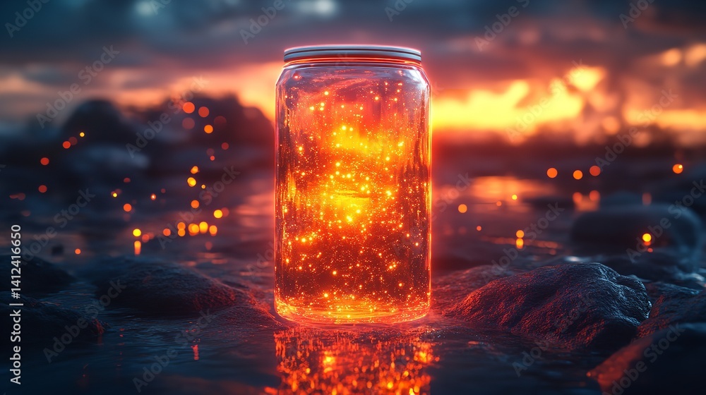 Glowing sunset can filled with magic fiery sparks and dark rocks reflective water