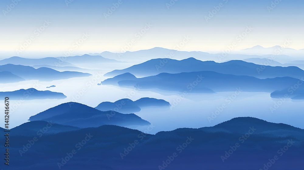 Misty mountain range over tranquil water Misty mountain range over tranquil water