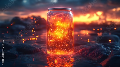 Obraz na płótnie Glowing sunset can filled with magic fiery sparks and dark rocks reflective water w salonie