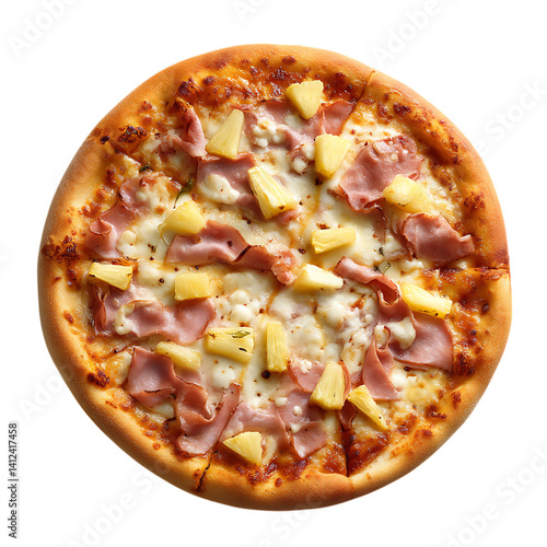 A whole hawaiian pizza with ham and pineapple on a dark background