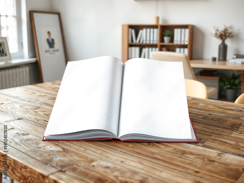 Open book on wooden desk, realistic 3D render for education or knowledge concepts. Generative AI