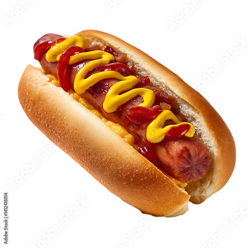 A hot dog with ketchup mustard and onions in a toasted bun
