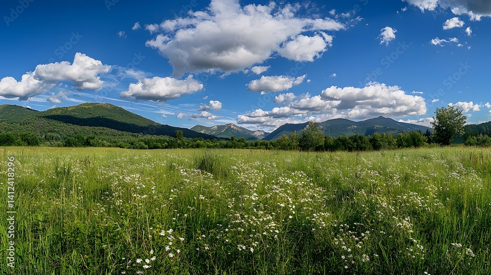 Fototapeta premium Green Meadow Landscape with Mountains and Sky