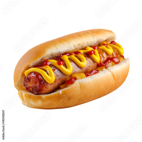 A hotdog with ketchup and mustard on a bun against black background