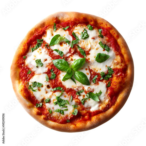 Overhead shot of a margherita pizza with basil on a black background