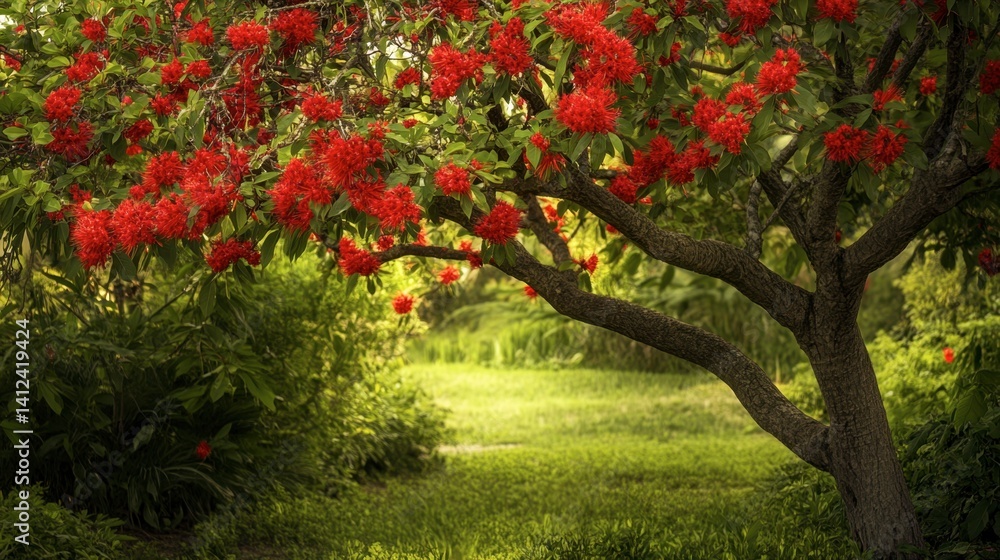 Naklejka premium Vibrant Red Blossom Tree in Lush Green Garden Lighting Up Pathway
