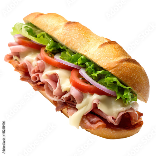 A delicious sub sandwich filled with fresh ingredients on black