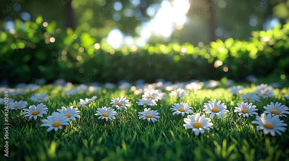 Serene daisies in a sunlit meadow soft light blurred green background spring vibes