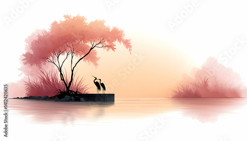 Serene sunset landscape with two birds on a small island