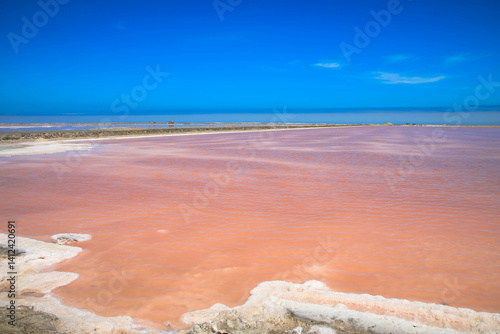 Sea salt production. Pink lake for water evaporation in Walvis Bay. The concept of a salt production and processing plant.
Impressive natural wonder by the presence of algae in the water. Namibia.