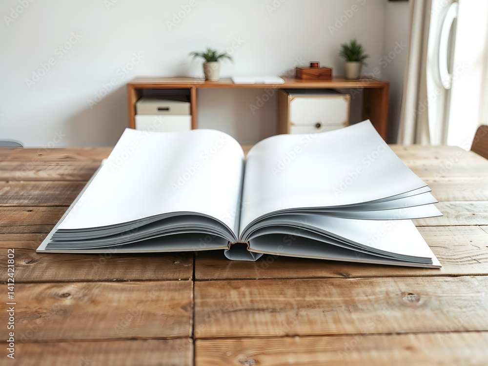 Open book on wooden desk, realistic 3D render for education or knowledge concepts. Generative AI