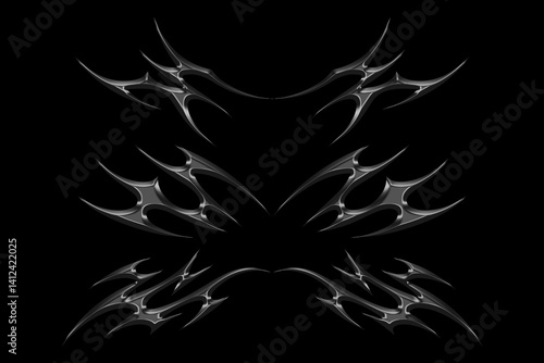 3d chrome metal of y2k tribal sigilism tatto. Flame shape in liquid mercury. 3d illustration of abstract neo tribal cyber sigil metallic melted modern burn form, design element. 3D Illustration