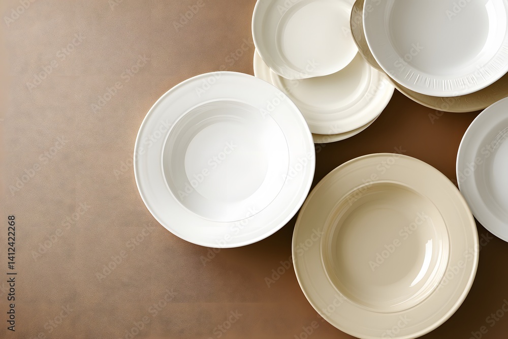 Elegant Ceramic Bowls and Plates on Brown Background Elegant Ceramic Bowls and Plates on Brown Background
