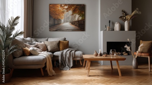 Cozy living room with a gray sectional sofa, warm-toned throw pillows, and a large autumnal landscape painting above the fireplace.