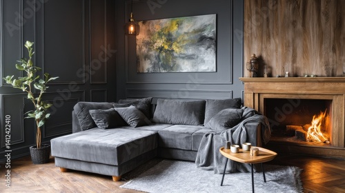 Cozy gray sectional sofa in a modern living room with a fireplace. The room features dark walls and wooden accents, creating a warm and inviting atmosphere.