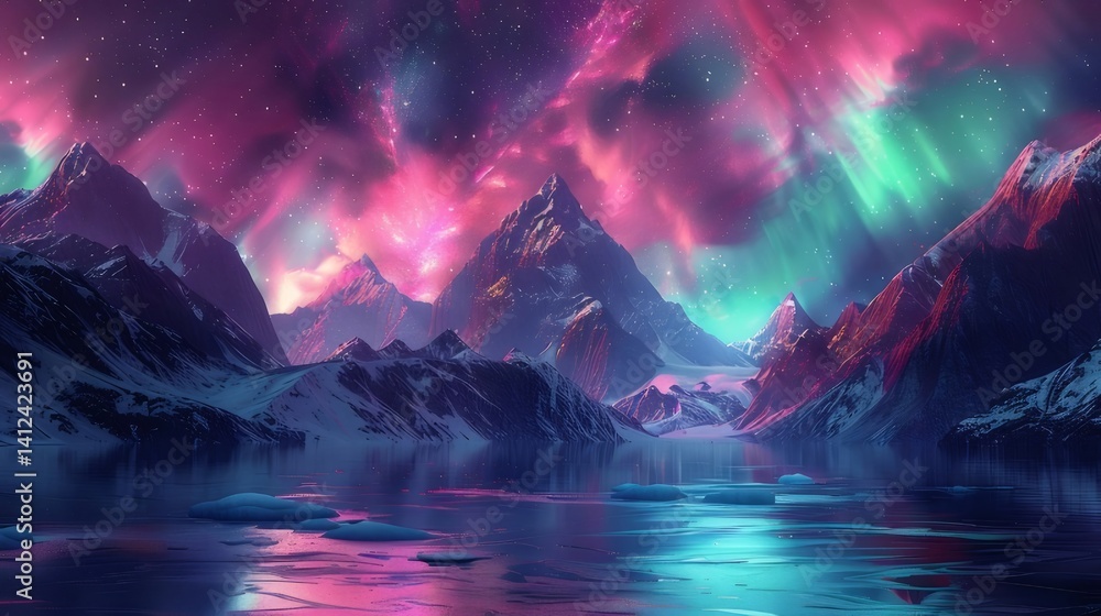 デジタルアートによるオーロラと雪山湖の風景 夜空に輝くカラフルな光と幻想的な風景 デジタルアートによるオーロラと雪山湖の風景 夜空に輝くカラフルな光と幻想的な風景