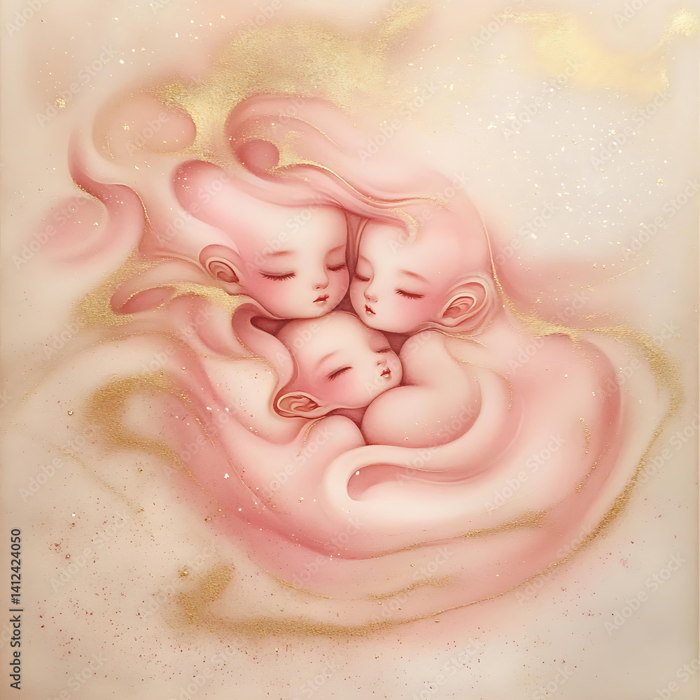 Fototapeta premium Three angelic babies sleep nestled together, wrapped in flowing pink and gold swirls, radiating warmth, innocence, and dreamy comfort in a surreal, pastel fantasy scene.