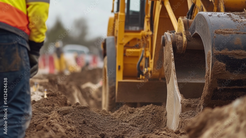 Fototapeta premium Construction worker operating a backhoe at a digging site. Featuring construction machinery and site excavation