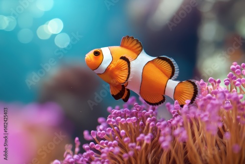 Vibrant Tropical Clownfish Among Coral Reef - Underwater Close-Up with Sunlight Penetration.