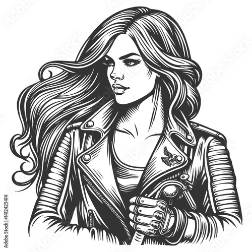 Woman in Leather Jacket Holding Motorcycle Handle