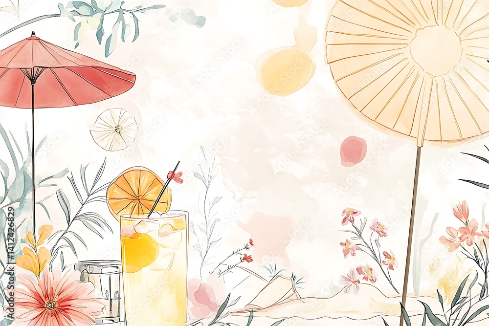 Obraz premium Watercolor summer drink with parasols and flowers.