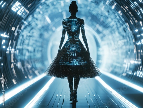 Digital silhouette: A futuristic vision unfolds as a silhouette of a woman appears in a neon-lit tunnel, symbolizing the intersection of fashion and technology.