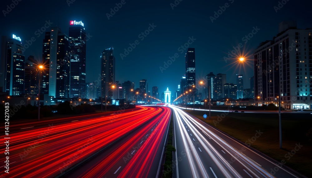 Fototapeta premium light trails of traffic at night in urban city, long exposure style
