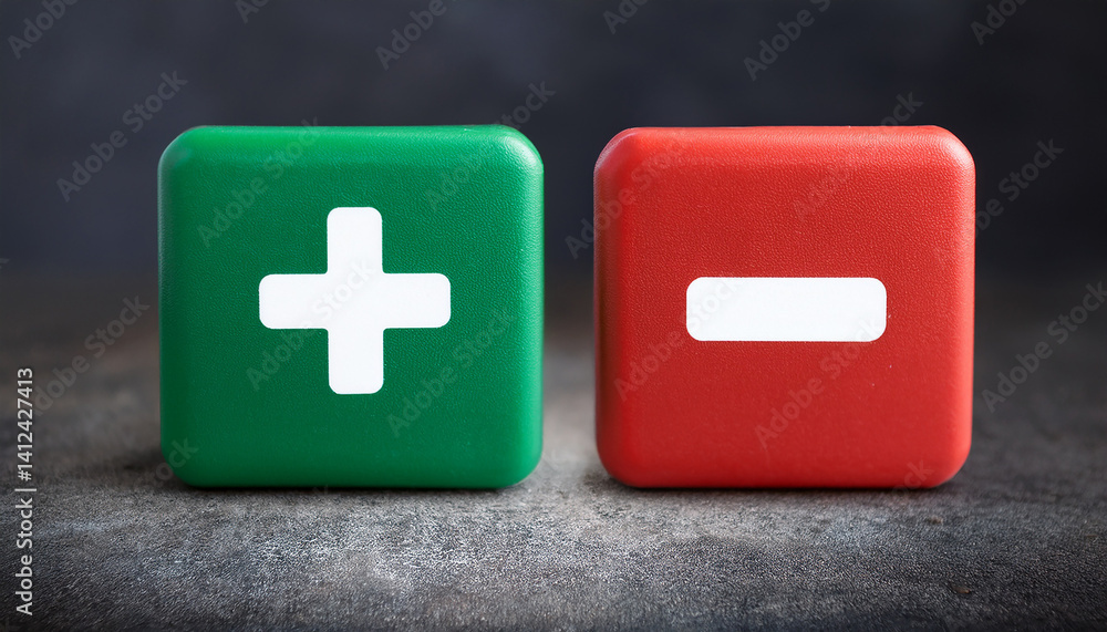 Obraz premium Bright green plus and red minus 3D icons. Minimalistic design. Isolated on dark backdrop.