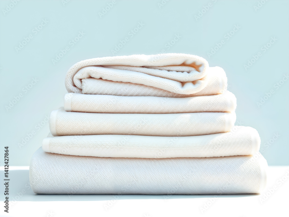 Stack of clean white towels on a light background, symbolizing hygiene, spa, or laundry. Generative AI
