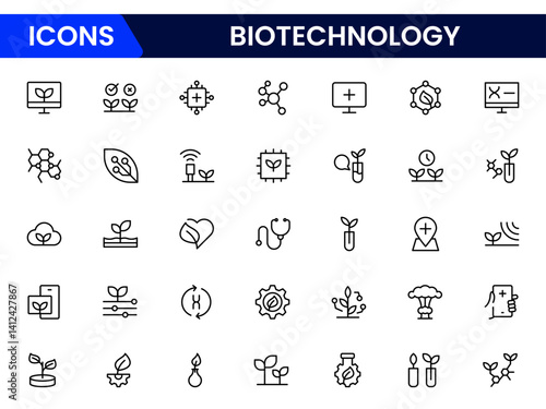  Biotechnology line icons. Includes icons for scientific, innovation, scientist, experiment, microscope, interaction, science. Minimalis  vector icon and illustration.