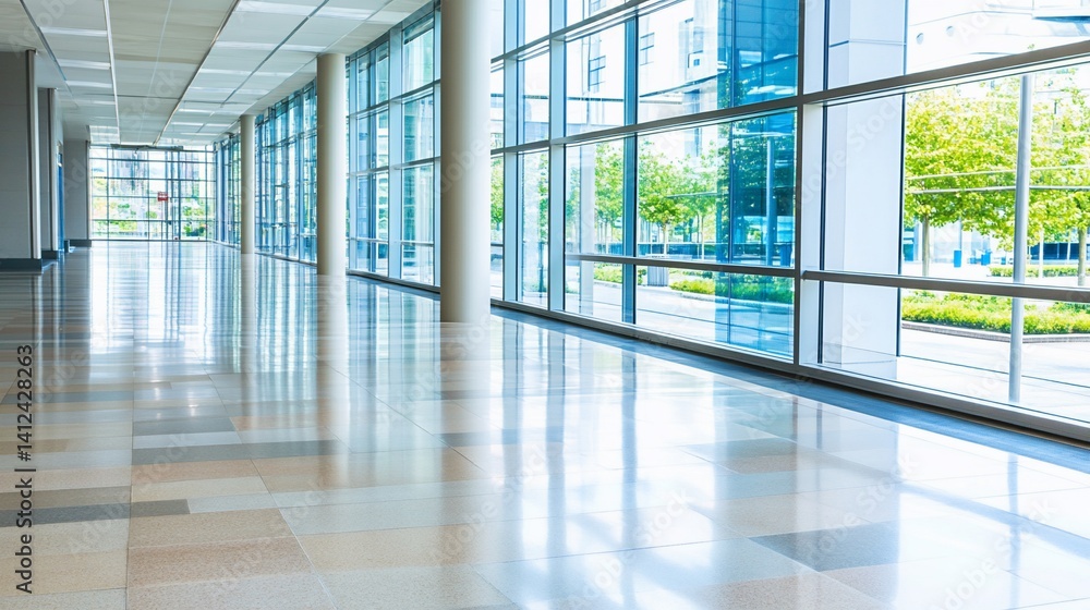 Fototapeta premium Empty modern office hallway with large windows