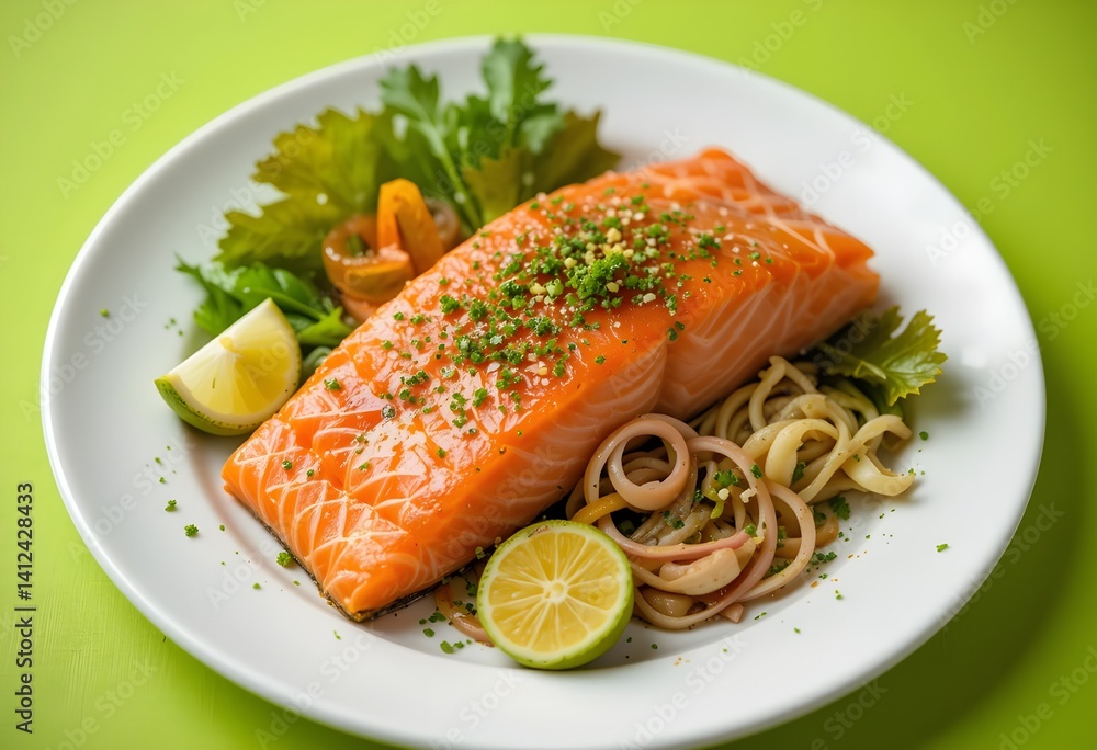 salmon steak with noodles salmon steak with noodles