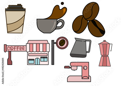 set icon of kitchen coffee shop