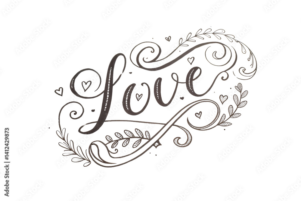 Elegant calligraphy of the word “Love” surrounded by whimsical heart and leaf doodles, isolated on a transparent background Elegant calligraphy of the word “Love” surrounded by whimsical heart and leaf doodles, isolated on a transparent background
